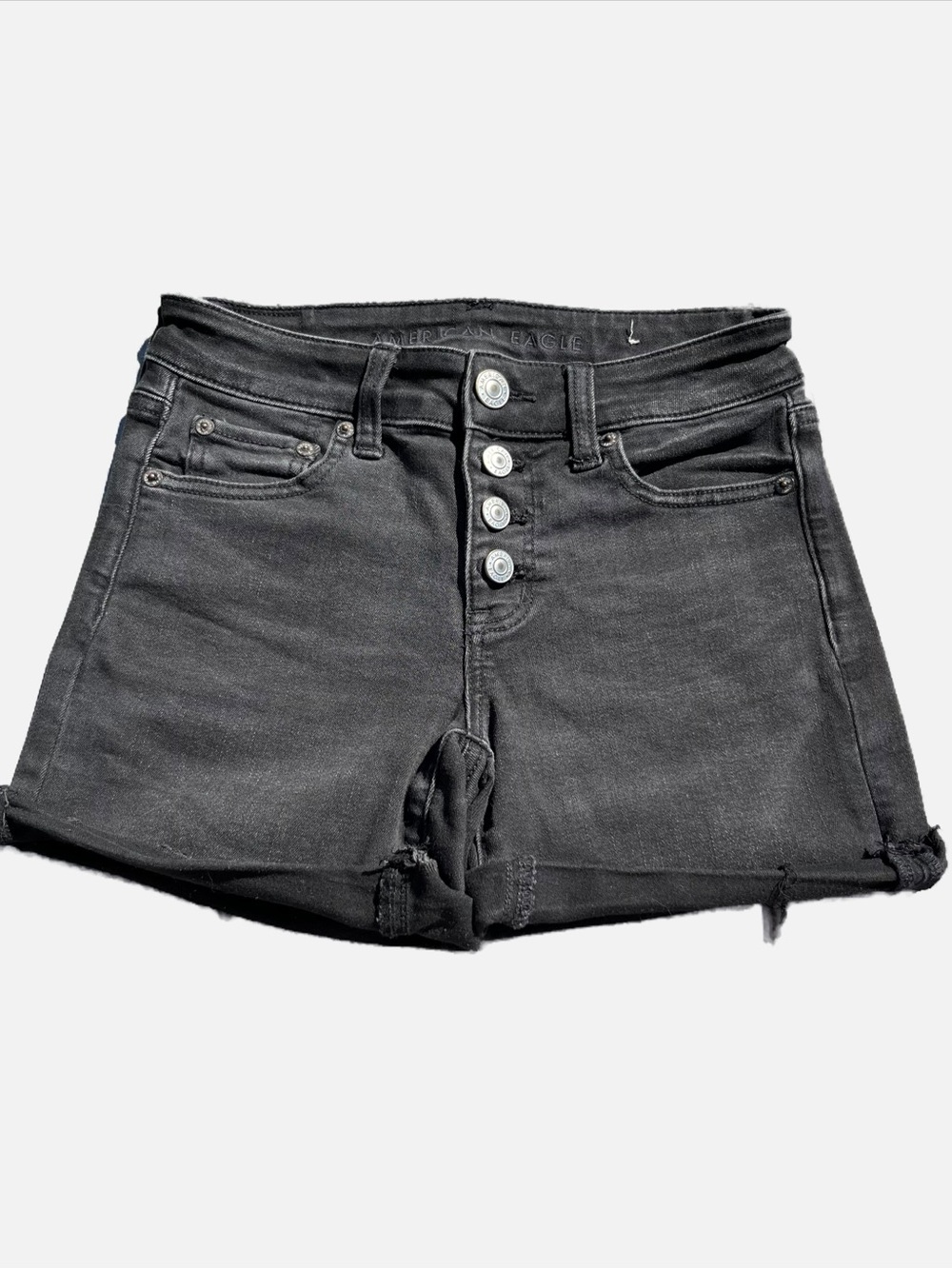 American Eagle Outfitters Black High-Rise Button-Fly MIDI Denim Shorts 0